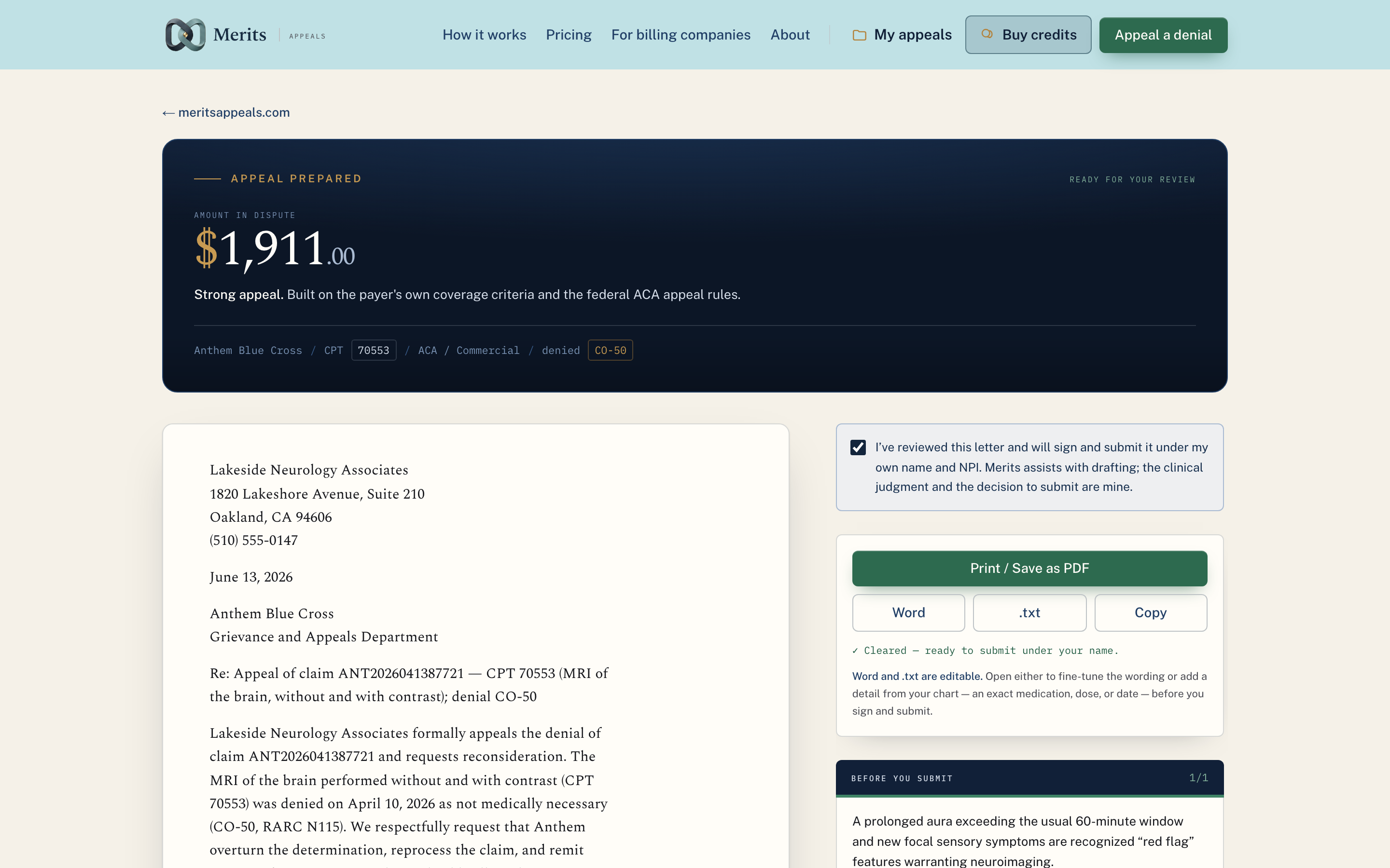 Merits on desktop: a prepared appeal showing the amount to recover and the denied claim, ready to review and sign.
