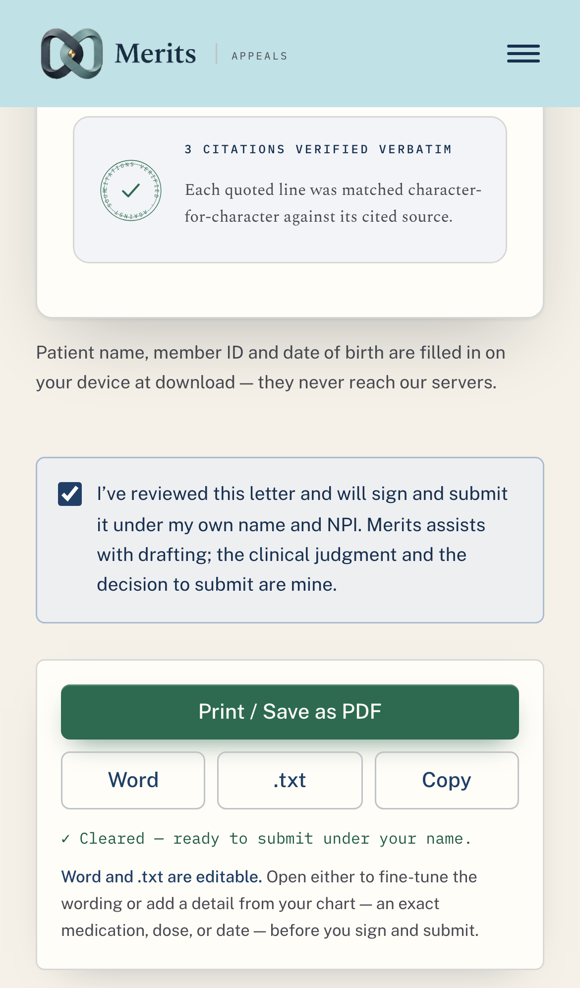 Merits on mobile: the same prepared appeal on a phone.